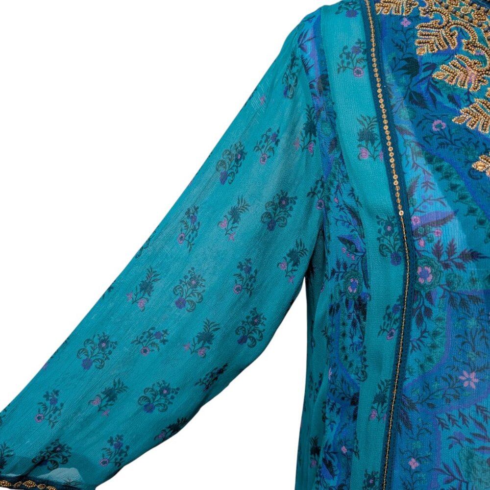 Soft Surroundings Womens Size S Bronte Blue Green Beaded Kaftan Tunic Top Flaw - Picture 6 of 11